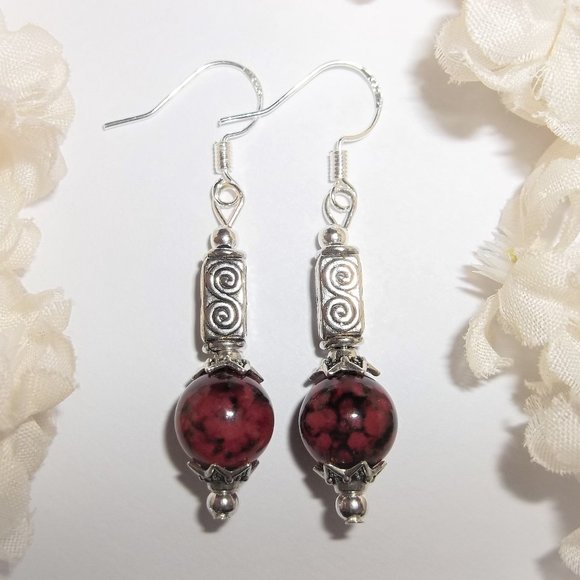 Dangle Earrings Set Dark Red and Silver Beaded Fashion Jewelry Gift for Her 7093 - Picture 2 of 8